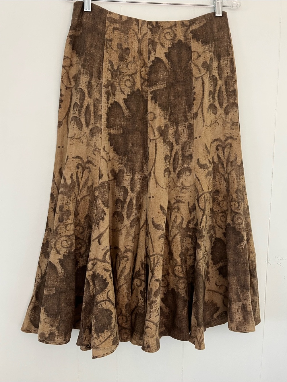 Lauren Ralph Lauren 100% Linen Midi Skirt Brown Beige Damask Floral Print Size 4